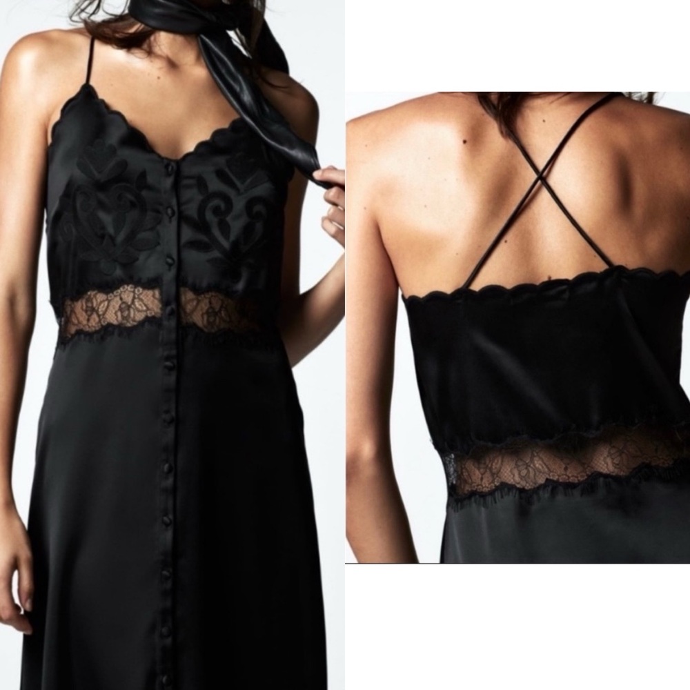 🆕 Zara Black Satin Dress with Lace Detail